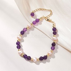 Adjustable Natural Quartz and Freshwater Pearl Beads Bead Bracelets, with 304 Stainless Steel Lobster Claw Clasps, Purple, 7.68 inch(19.5cm)(BJEW-JB13031-01)