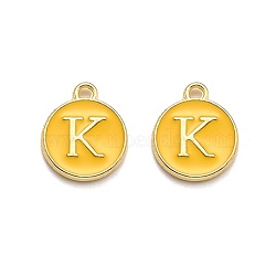 Golden Plated Alloy Enamel Charms, Enamelled Sequins, Flat Round with Alphabet, Letter.K, Yellow, 14x12x2mm, Hole: 1.5mm(ENAM-Q437-13K)