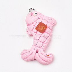 Handmade Polymer Clay Pendants, with Iron Findings, Fish with Chinese Character Blessing, Platinum, Pink, 36x20.5x6.5mm, Hole: 2mm(X-CLAY-T012-19)