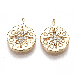 Brass Charms, Nickel Free, Real 18K Gold Plated, with Cubic Zirconia, Flat Round with Star, Clear, 14x11x2mm, Hole: 1.2mm(KK-T038-379G)