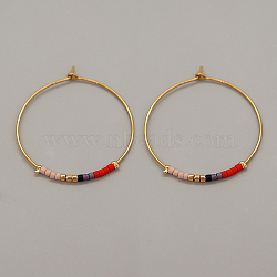 Glass Seed Beaded Hoop Earrings, Boho Beach Earrings, Red, 30x30mm(XS8443-2)