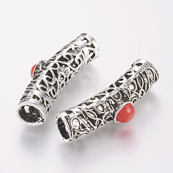 Tibetan Style Alloy Hollow Tube Beads, with Resin Cabochon, Red, 40x10x12mm, Hole: 7.5mm(PALLOY-K210-07B-AS)
