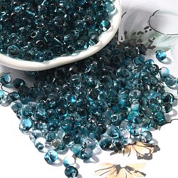 Transparent Baking Paint Glass Seed Beads, Two Tone, Fringe Teardrop Beads, Dark Cyan, 5.5x4.5x3.5mm, Hole: 1.2mm, about 2812pcs/pound(SEED-P006-02B-11)