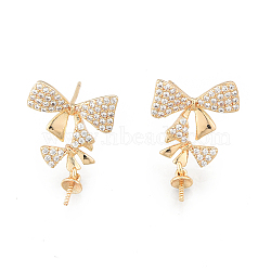 Brass Pave Clear Cubic Zirconia Stud Earring Findings, for Half Drilled Beads, Bowknot, Cadmium Free & Nickel Free & Lead Free, Real 18K Gold Plated, 21x14mm, Pin: 0.7mm and 0.8mm(for half drilled beads)(KK-N216-537)