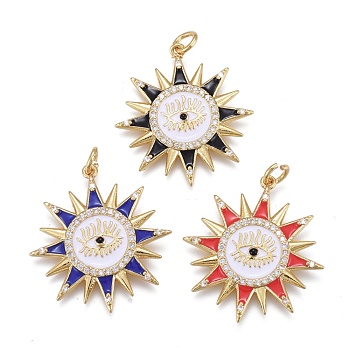 Brass Micro Pave Cubic Zirconia Pendants, with Enamel, Long-Lasting Plated, Real 18K Gold Plated, Sun & Eye, Mixed Color, 27x25x2mm, Jump Rings: 5x1mm, Inner Diameter: 3mm