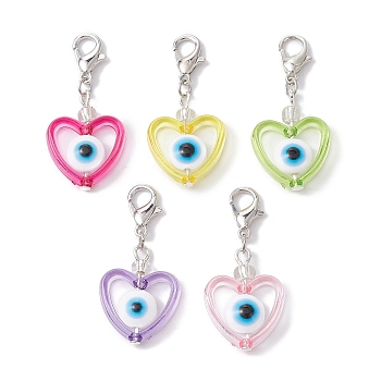 Heart with Evil Eye Resin & Acrylic Pendant Decorations, with Alloy Lobster Claw Clasps, Mixed Color, 33mm
