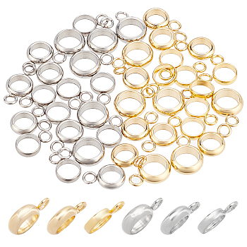 ARRICRAFT 60Pcs 6 Styles 304 Stainless Steel Tube Bails, Loop Bails, Ring Bail Beads, Golden & Stainless Steel Color, 8~10x5.5~7x1.5~2.5mm, Hole: 1.8~2mm, 10pcs/style