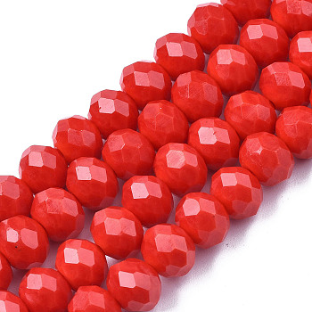 Electroplate Glass Beads Strands, Pearl Luster Plated, Faceted, Rondelle, Red, 6x5mm, Hole: 1mm, about 84~85pcs/strand, 41.5~42cm