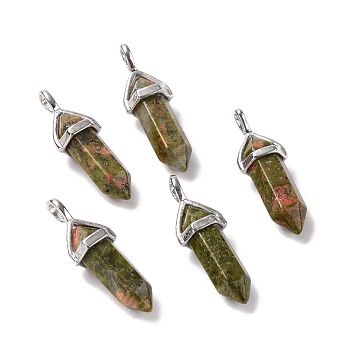 Natural Unakite Pendants, Faceted, with Platinum Tone Brass Findings, Lead free & Cadmium Free, Bullet, 27~30x9~10x7~8mm, Hole: 4x3mm