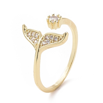 Clear Cubic Zirconia Whale Tail Shape Open Cuff Ring, Brass Jewelry for Women, Golden, Inner Diameter: 18.6mm