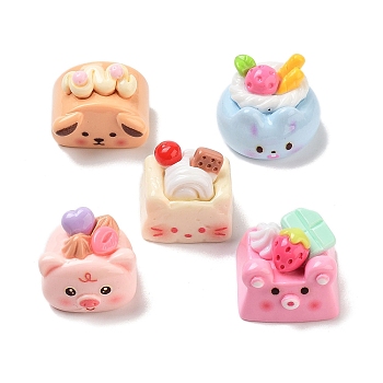 Cute Opaque Resin Imitation Food Decoden Cabochons, Pig/Cat/Rabbit/Dog/Bear Cake, Mixed Shapes, 19~24.5x20~24x18~18.5mm