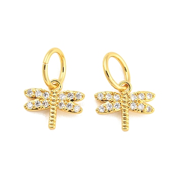 Brass Micro Pave Clear Cubic Zirconia Charms, with Jump Ring, Long-Lasting Plated, Dragonfly, Real 18K Gold Plated, 13x14.5x2mm, Jump Ring: 10x1mm, 7.5mm Inner Diameter
