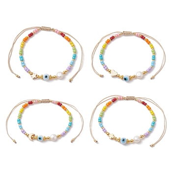 Colorful Glass Seed & Brass Braided Bead Bracelet, Mixed Shapes, Inner Diameter: 1-7/8~3-1/4 inch(4.8~8.4cm)