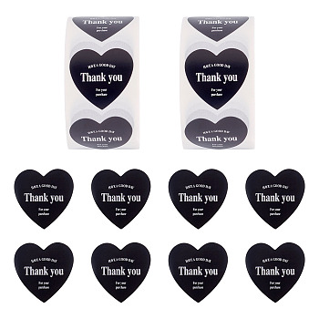 2Roll Heart with Thank You Roll Stickers, Self-Adhesive Paper Gift Tag Stickers, for Party Decorative Presents Thaksgiving Day, Black, 25x25x0.1mm, 2roll/set