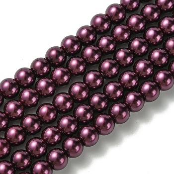 Eco-Friendly Dyed Glass Pearl Beads Strands, Grade A, Round, Cotton Cord Threaded, Purple, 6mm, Hole: 1.2~1.5mm, about 70pcs/strand, 15.7 inch