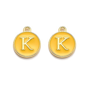 Golden Plated Alloy Enamel Charms, Enamelled Sequins, Flat Round with Alphabet, Letter.K, Yellow, 14x12x2mm, Hole: 1.5mm