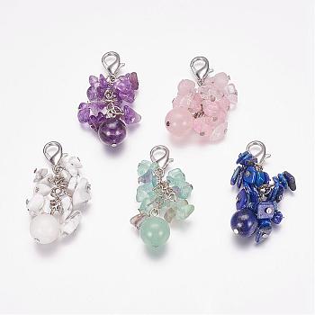 Natural Gemstone Cluster Pendants, with Brass Lobster Claw Clasps, 51mm