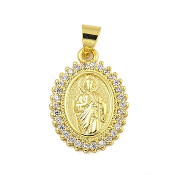 Religion Theme Rack Plating Brass Micro Pave Cubic Zirconia Pendants, Long-Lasting Plated, Cadmium Free & Lead Free, Real 18K Gold Plated, Oval, 20.5x14.5x3mm, Hole: 4.5x3.5mm