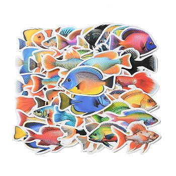 50Pcs Fish PVC Self Adhesive Stickers, Waterproof Decals, for Suitcase, Skateboard, Refrigerator, Helmet, Mobile Phone Shell, Mixed Color, 35~56x43~75x0.2mm