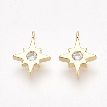 Brass Cubic Zirconia Charms, Star, Nickel Free, Real 18K Gold Plated, Clear, 9x7x1.5mm, Hole: 0.8mm