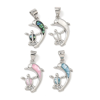 Brass Enamel Pendants, with Natural Shell, Dolphin with Turtle Charms, Long-Lasting Plated, Rack Plating, Lead Free & Cadmium Free, Platinum, 19x13x3mm, Hole: 4.5x3.5mm