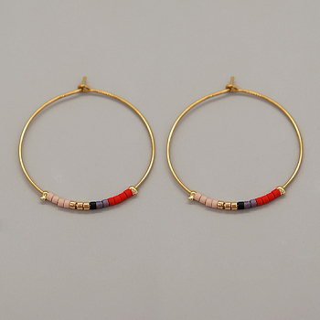 Glass Seed Beaded Hoop Earrings, Boho Beach Earrings, Red, 30x30mm