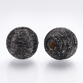 Wood Beads Covered with Polyester Cord Wire, Round, Black, 16~17x15.5~16mm, Hole: 3~4mm