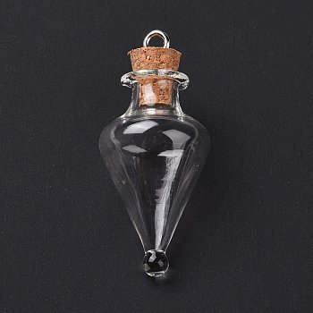 Teardrop Glass Cork Bottle Pendants, Glass Empty Wishing Bottle Charm, with Platimen Tone Iron Loops, Clear, 4.4cm, Hole: 2.5mm