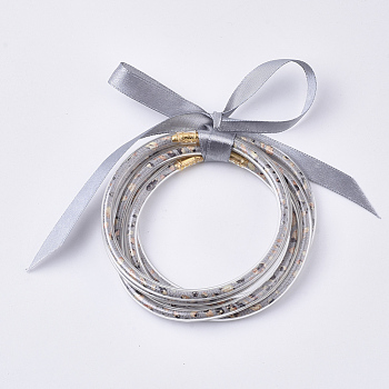 PVC Plastic Buddhist Bangle Sets, Jelly Bangles, with PU Leather Cords Inside and Polyester Ribbon, Light Grey, 2-1/2 inch(6.3cm), 5pcs/set