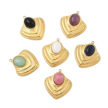 Natural Mixed Gemstone Pendants, with 304 Stainless Steel Findings, Ion Plating(IP), Shield Charms, Real 18K Gold Plated, 24.5x22.5x6.5mm, Hole: 1.5mm