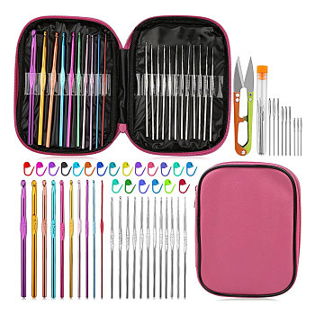 Sewing Tool Sets, including Stainless Steel Scissor, Needle Threaders, Sewing Seam Rippers, Head Pins, Safety Pin, Zipper Storage Bag, Cerise, 180x135x30mm