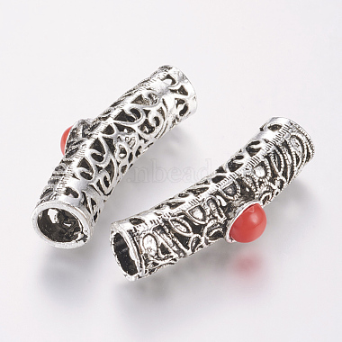 Antique Silver Red Tube Alloy+Resin Beads