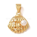 Brass Micro Pave Clear Cubic Zirconia with Plastic Pearl Charms, Shell Shape Charms, Real 18K Gold Plated, 14.5x13.5x5.5mm, Hole: 3.5x4mm(KK-CBA0009-13G)