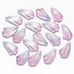 Two Tone Transparent Spray Painted Glass Pendants, with Glitter Powder, Leaf, Orchid, 20x11x4.5mm, Hole: 1mm(GLAA-T016-24A)