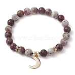 8mm Round Natural Plum Blossom Tourmaline Beaded Stretch Bracelets, Golden Plated 304 Stainless Steel Charm Bracelets for Women Men, Moon, Inner Diameter: 2-1/4 inch(5.6cm)(BJEW-JB10469-02)