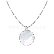 Rhodium Plated 925 Sterling Silver Cable Chain Necklaces, Flat Rounnd White Shell Pendant Necklaces, Real Platinum Plated, 15.91 inch(40.4cm)(NJEW-Q342-01P)