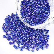 Opaque Glass Seed Beads, Rainbow Plated, Round, Blue, 4mm, Hole: 1.5mm, about 4500pcs/bag(SEED-S023-01A-08)