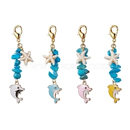 Dolphin Alloy Enamel Pendant Decorations, with Synthetic Turquoise Chip Beads and Alloy Lobster Claw Clasps, Mixed Color, 72mm(HJEW-JM01623)