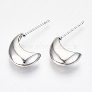 Brass Half Hoop Earrings, Crescent Moon Stud Earrings, Nickel Free, Real Platinum Plated, 20~24x12~14mm, Pin: 0.7mm(KK-R117-035P-NF)