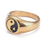 Ion Plating(IP) 304 Stainless Steel Finger Rings, Yin Yang Ring, with Enamel, Gossip, Real 18K Gold Plated, Size 8, Inner Diameter: 18.2mm(STAS-H101-01G-8)