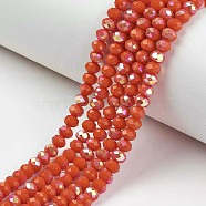 Electroplate Opaque Solid Color Glass Beads Strands, Half Rainbow Plated, Faceted, Rondelle, Orange Red, 6x5mm, Hole: 1mm, about 85~88pcs/strand, 16.1~16.5 inch(41~42cm)(X1-EGLA-A034-P6mm-L03)