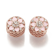 Alloy Rhinestone Beads, with Enamel, Hollow, Large Hole Beads, Flat Round with Flower, Rose Gold, 12x11.5x11.5mm, Hole: 5.5mm(PALLOY-T048-01RG)