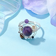 Planet Natural Amethyst Finger Rings, Brass Rings for Woman, Inner Diameter: 18mm(RJEW-TA00165-03)