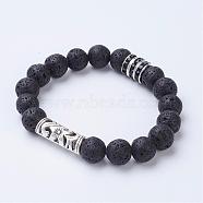 Natural Lava Rock Stretch Bracelets, with Brass Rhinestone Spacer Beads and Alloy Hollow Tube Beads, Round, 2 inch(53mm)(BJEW-JB02757-01)