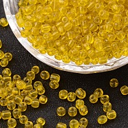 (Repacking Service Available) Glass Seed Beads, Transparent, Round, Yellow, 6/0, 4mm, Hole: 1.5mm, about 12G/bag(SEED-C013-4mm-10)