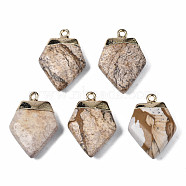 Natural Picture Jasper Pendants, with Golden Brass Findings and Iron Loop, Rack Plating, Faceted, Shield, 25~26x17~18x5.5~6.5mm, Hole: 1.8mm(G-S359-335-A03)