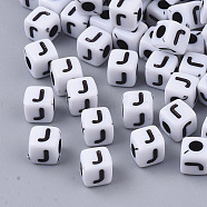 White Opaque Acrylic Beads, Horizontal Hole, Cube with Black Alphabet, Letter.J, 4~5x4~5x4~5mm, Hole: 1.8mm, about 6470~6500pcs/500g(MACR-R869-02J)