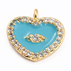 Golden Plated Brass Micro Pave Clear Cubic Zirconia Charms, with Enamel, Long-Lasting Plated, Heart with Eye, Medium Turquoise, 11x11.5x2.5mm, Hole: 1.2mm(ZIRC-L097-033F-G)