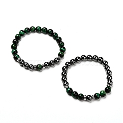 Natural Tiger Eye(Dyed) Beads Stretch Bracelets Set, with Non-Magnetic Synthetic Hematite Beads, Green, Inner Diameter: 2 inch(5.1cm), 2pcs/set(BJEW-JB06653-03)