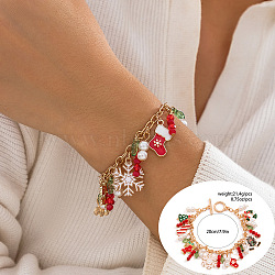 Christmas Theme Alloy Enamel Charm Bracelets, Cable Chain Bracelets for Women, with Imitation Pearl & Acrylic, Colorful, Inner Diameter: 7-1/8 inch(18cm)(WG289FB-05)